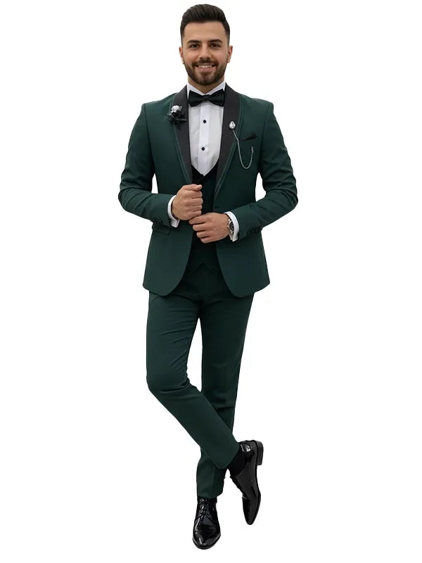 Men’s Dark Green 3 Piece Tuxedo Suit with Black Lapel - The Leather Jackets