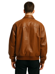 Men’s Brown Leather Bomber Jacket with Front Pockets