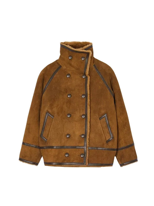 Premium Women’s Shearling Double Breasted Coat in Classic Brown