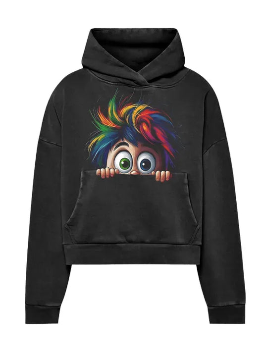 Funny Peeking Cartoon Hoodie with Rainbow Hair – Black Graphic Hoodie