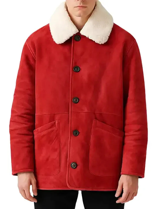 Men’s Red Shearling Winter Coat with Faux Fur Collar – Warm Classic Outerwear - The Leather Jackets