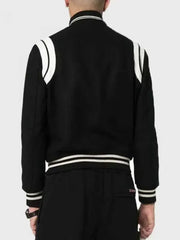 Men’s Black Varsity Bomber Jacket with White Stripes | Classic Wool Blend Letterman Jacket