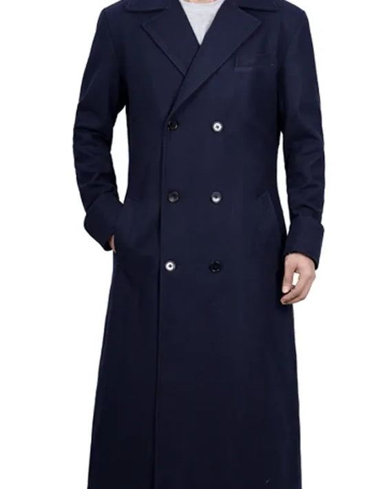 Men’s Navy Double-Breasted Long Wool Coat - The Leather Jackets
