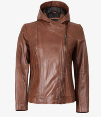 Women’s Brown Hooded Leather Biker Jacket