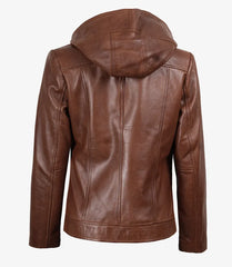 Women’s Brown Hooded Leather Biker Jacket