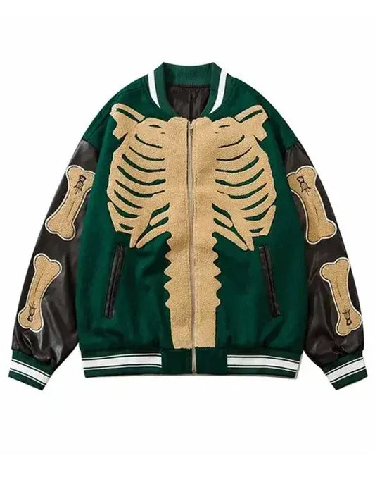 Skeleton Bone Harajuku Varsity Jacket – Retro Streetwear with 3D Bone Embroidery - The Leather Jackets