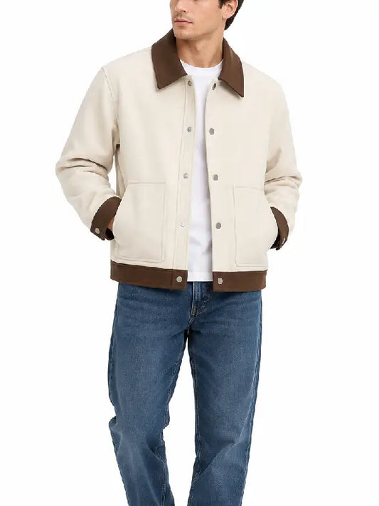 Front view of a men's cream snap button jacket with a brown collar, patch pockets, and contrast hem band