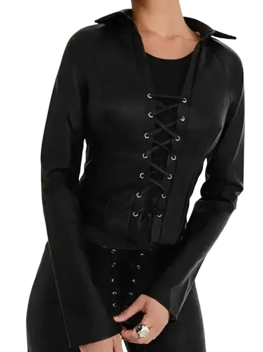 Women's Black Lace-Up Corset Jacket – Slim Fit Gothic Fashion Top - The Leather Jackets