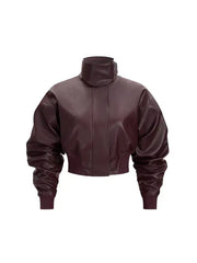 Women’s Maroon Leather Two Piece Set, High Neck Cropped Jacket and Pencil Skirt