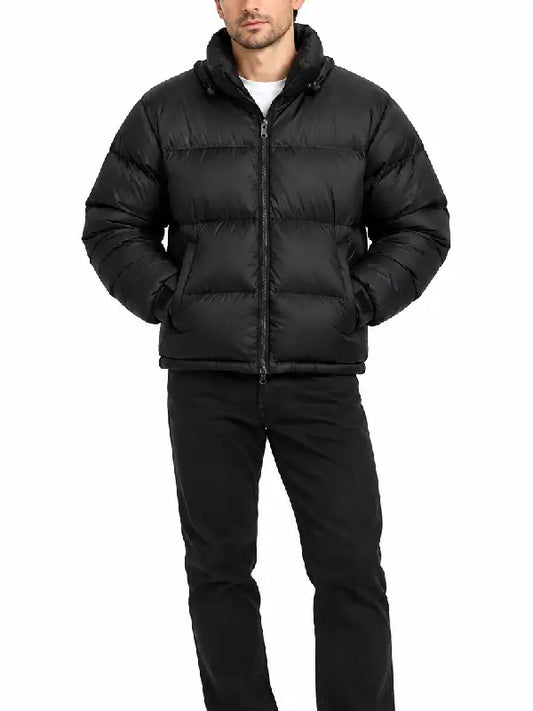 Front view of a men's black puffer jacket with full-length zip, zippered pockets and adjustable cuffs