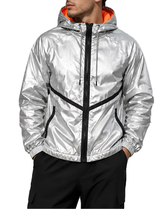 metallic silver hooded windbreaker jacket