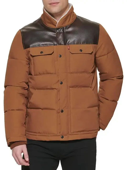 Men’s Brown and Black Puffer Leather Jacket - The Leather Jackets