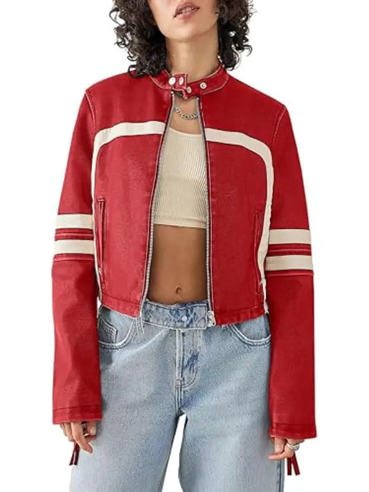 Saodimallsu Women’s Red Leather Cropped Motocross Jacket - The Leather Jackets