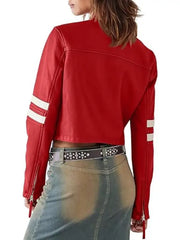 Saodimallsu Women’s Red Leather Cropped Motocross Jacket