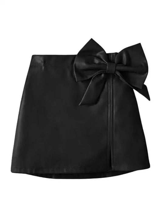 Women’s Black Leather Mini Skirt with Oversized Bow - The Leather Jackets
