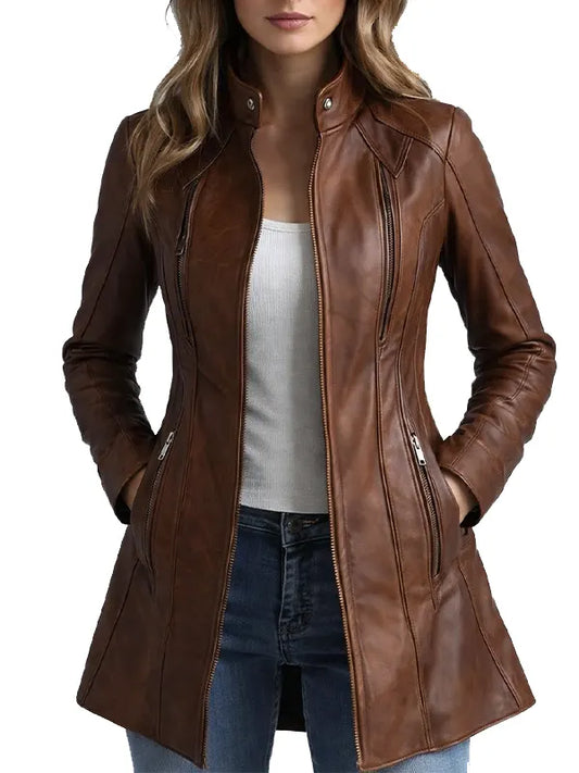 women’s brown slim fit leather jacket with stand collar