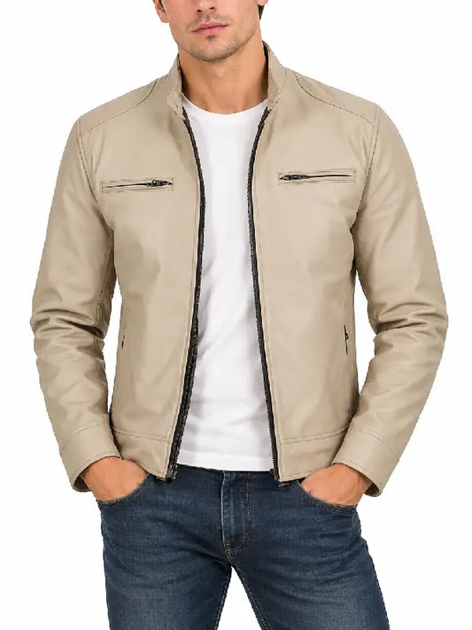 Men's Stone Beige Leather Biker Jacket – Front Open View with Zipper Detail