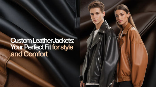 Man in black leather jacket and woman in brown leather jacket showcasing premium outerwear