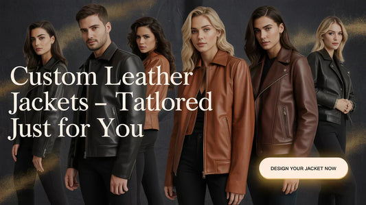Men and women wearing stylish black and brown leather jackets, custom leather outerwear fashion