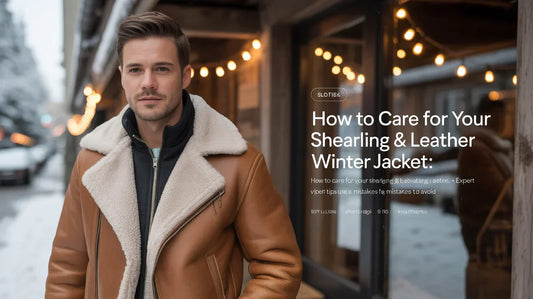 Man wearing tan shearling and leather winter jacket outdoors in snowy urban setting