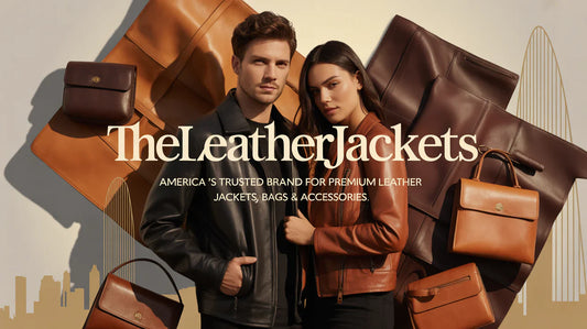 Men's and women's premium leather jackets with brown full-grain leather bags display