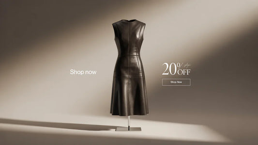 Women's black leather dress with elegant fit and textured detail on display stand