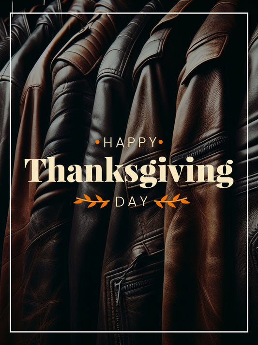 Row of premium leather jackets with Happy Thanksgiving Day text overlay