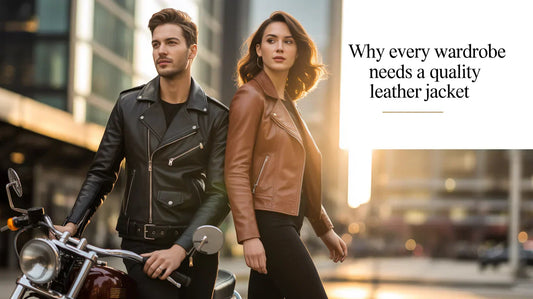 Man in a black leather jacket and woman in a brown leather jacket outdoors, city background