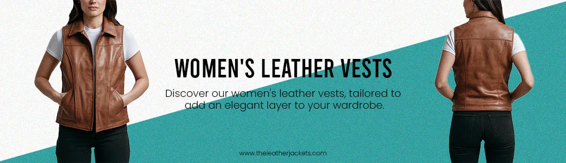 Front and back view of a woman wearing a brown leather vest, stylish women's outerwear