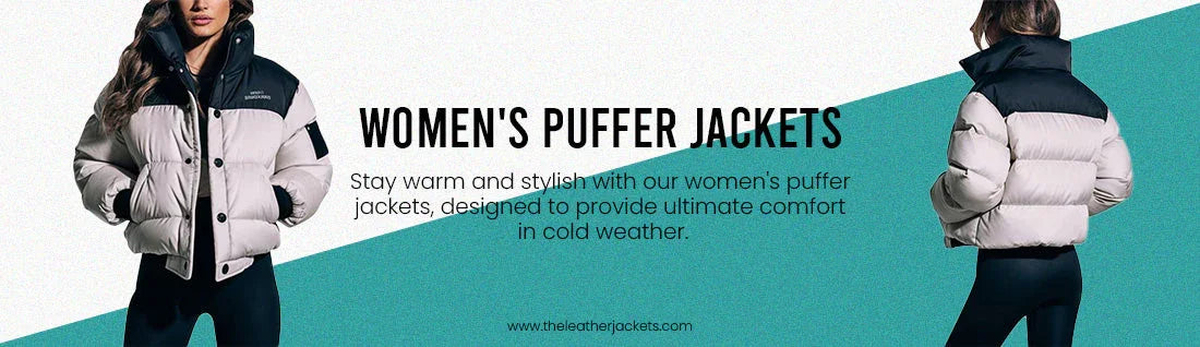Women's puffer jacket in black and white, front and back views, stylish winter outerwear.