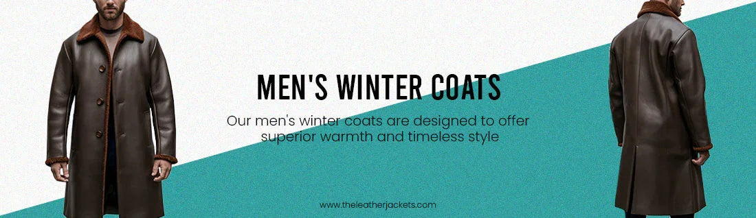 Men's winter leather coat with brown shearling collar, front and back view, stylish outerwear