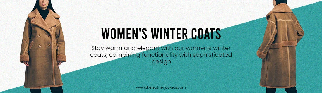 Women’s brown shearling winter coat, front and back view, warm and stylish outerwear.