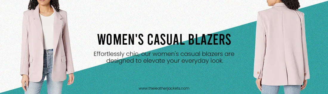 Women's casual pink blazer, front and back view, styled with jeans, modern minimalist background