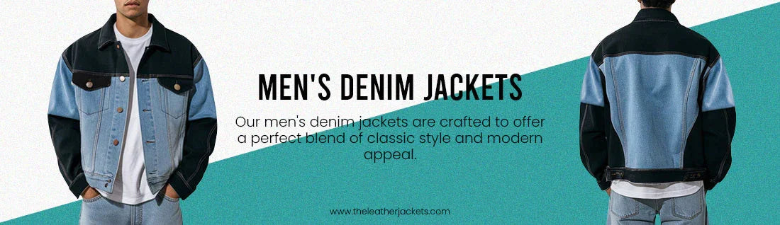 Men's denim jacket with black and blue color block design, shown from front and back
