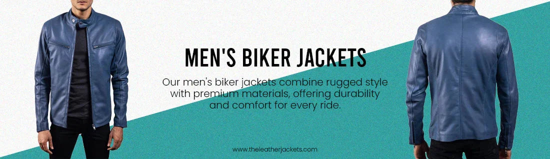Men's blue leather biker jacket shown front and back on model, modern style outerwear