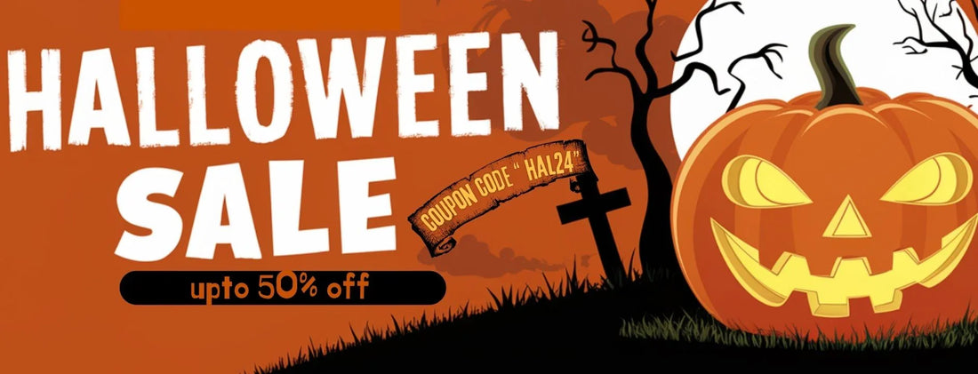 Halloween sale banner with spooky pumpkin, dark trees, and up to 50% off leather jackets.