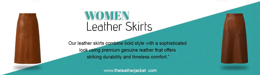 Women's brown leather skirts displayed on a modern white and teal background