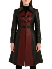 Women’s Black and Maroon Long Leather Trench Coat