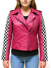 Women’s Pink Checkered Sleeve Leather Biker Jacket – Trendy Moto Style