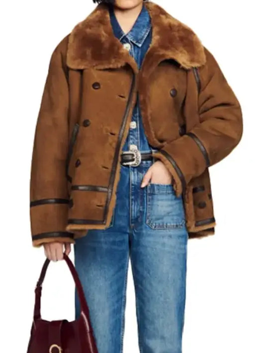 Women’s Classic Brown Shearling Leather Jacket – Double Breasted Fur Winter Coat