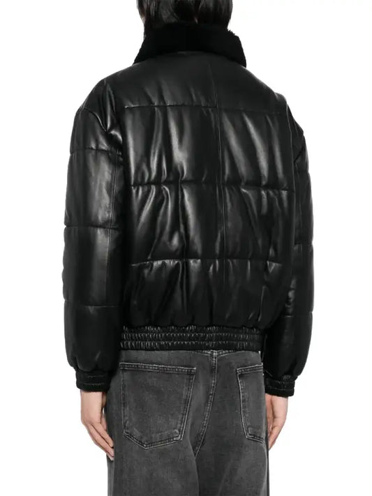 Men’s Black Puffer Leather Jacket with Shearling Collar