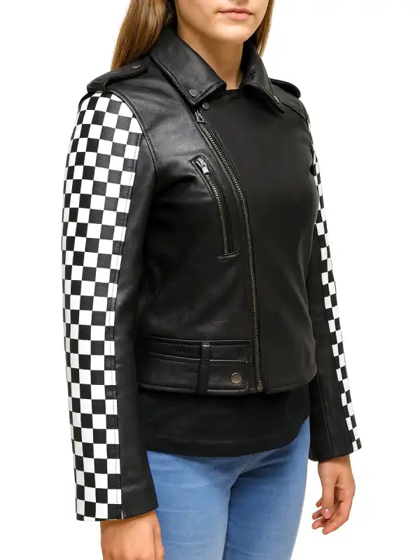 Black leather jacket with checkered sleeves 
