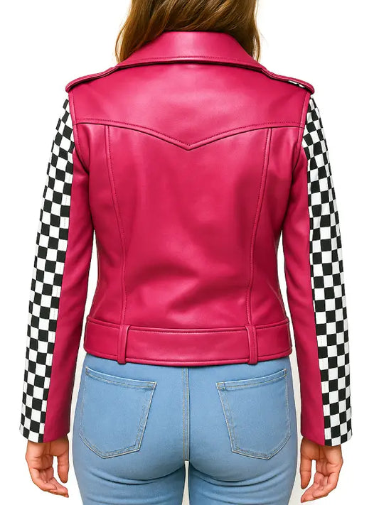 Women’s Pink Checkered Sleeve Leather Biker Jacket – Trendy Moto Style