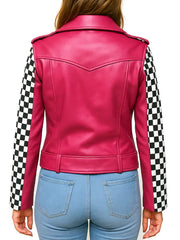 Women’s Pink Checkered Sleeve Leather Biker Jacket – Trendy Moto Style