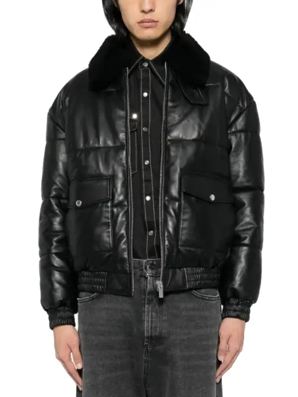 Men’s Black Puffer Leather Jacket with Shearling Collar