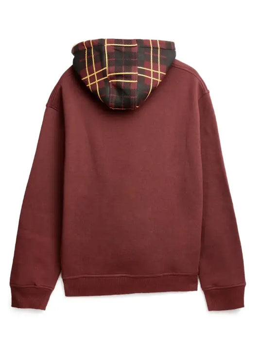 Men’s Burgundy Fleece Hoodie with Plaid Hood & Front Pocket
