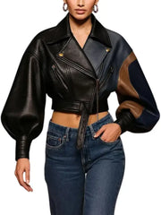 Women’s Luxury Colorblock Cropped Leather Jacket