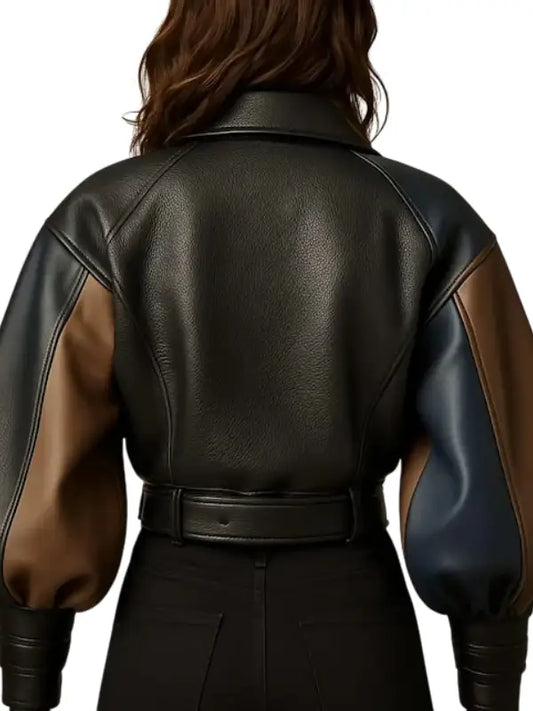 Women’s Luxury Colorblock Cropped Leather Jacket