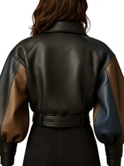 Women’s Luxury Colorblock Cropped Leather Jacket