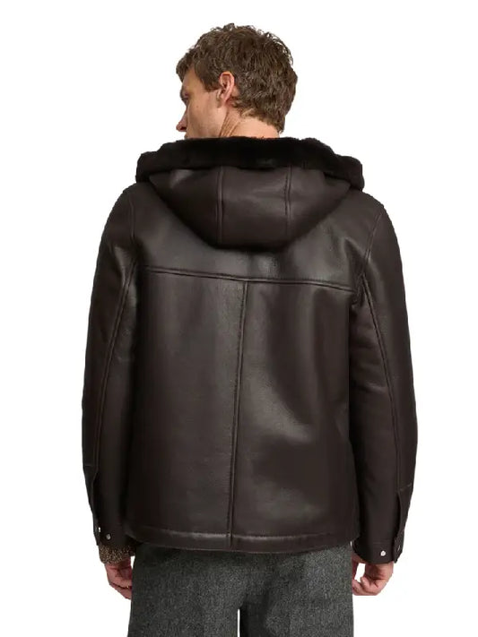 Men’s Dark Brown Shearling Leather Hooded Jacket